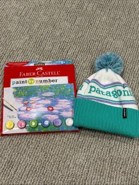 Patagonia Teal, White & Purple Pom Beanie with Faber Castell Pain By Number